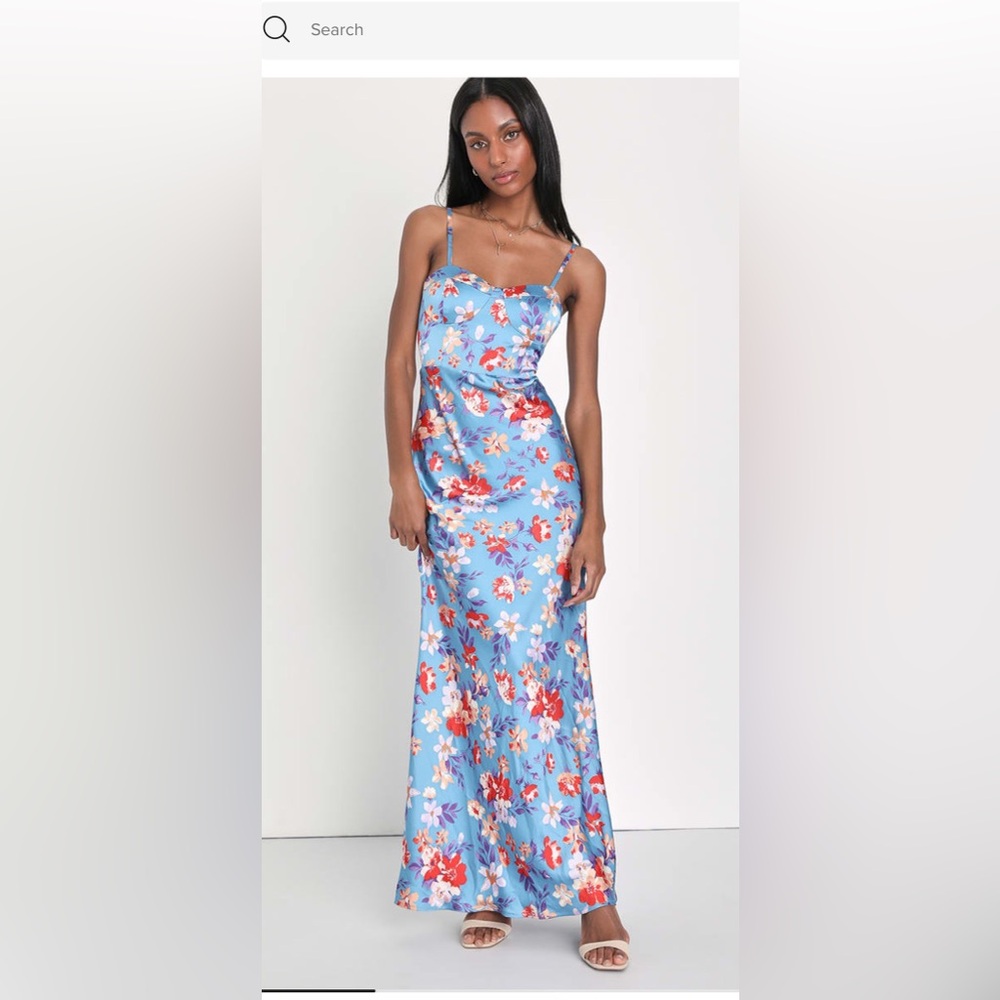 Botanical Beauty Blue Floral Print Satin Bustier Maxi Dress